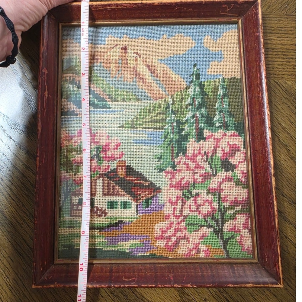 Vintage Framed Needlepoint Alpine Mountain Landscape Cabin Lake Scene 8.5x10.5 - Picture 5 of 6